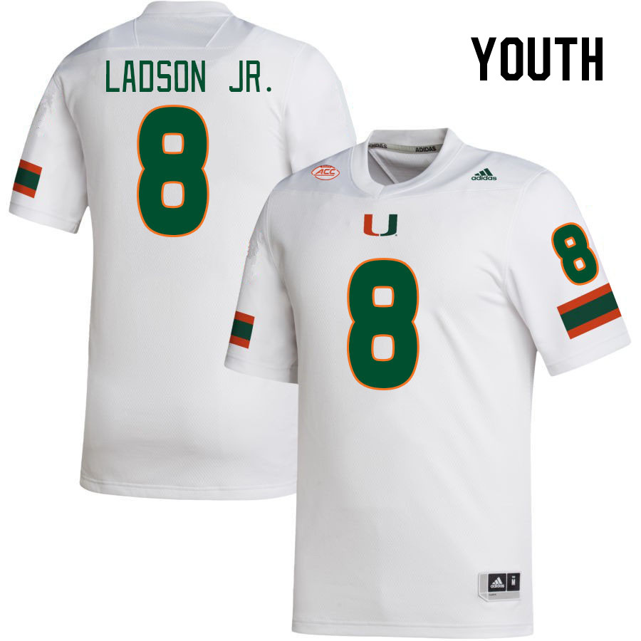 Youth #8 Frank Ladson Jr. Miami Hurricanes College Football Jerseys Stitched-White - Click Image to Close